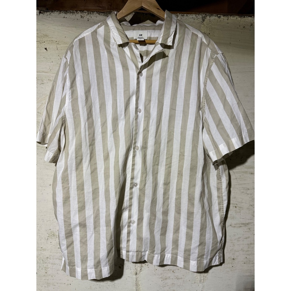 H&M Mens XXL Reg. Fit Beige White Striped Short Sleeve Button Up Cotton Shirt